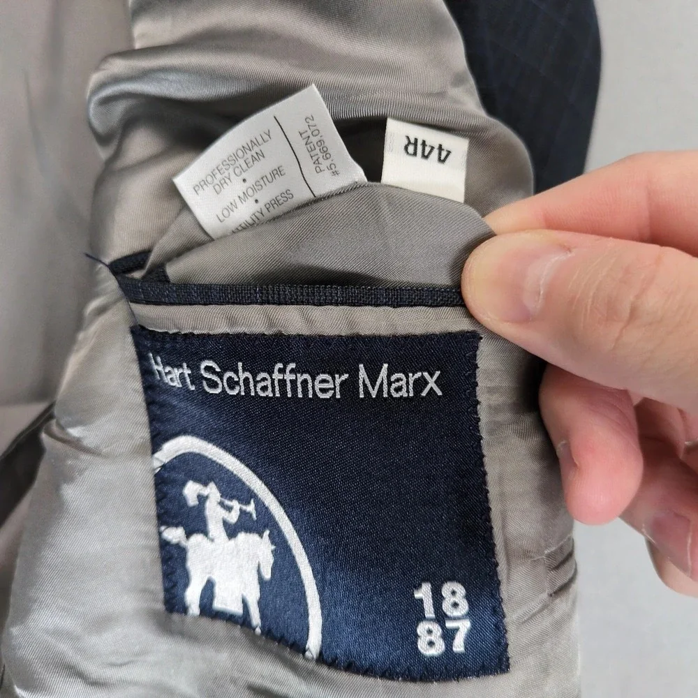 Vintage Hart Schaffner Marx Navy Windowpane 2pc Suit Mens 44R Jacket 39x28 Pants